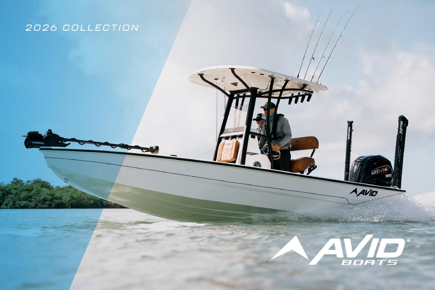 2026 Avid Boats collection brochure cover featuring a center console underway