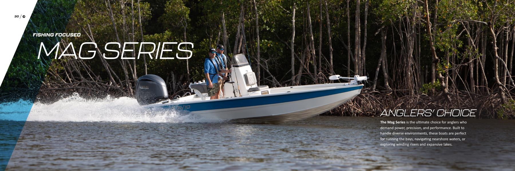 MAG Series brochure opening spread with a boat running beside mangroves