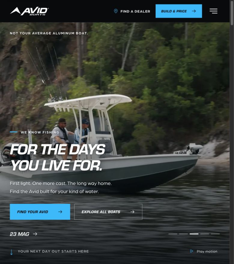 Avid development homepage on a tablet-sized screen, with the headline For the days you live for over a boat running on the water